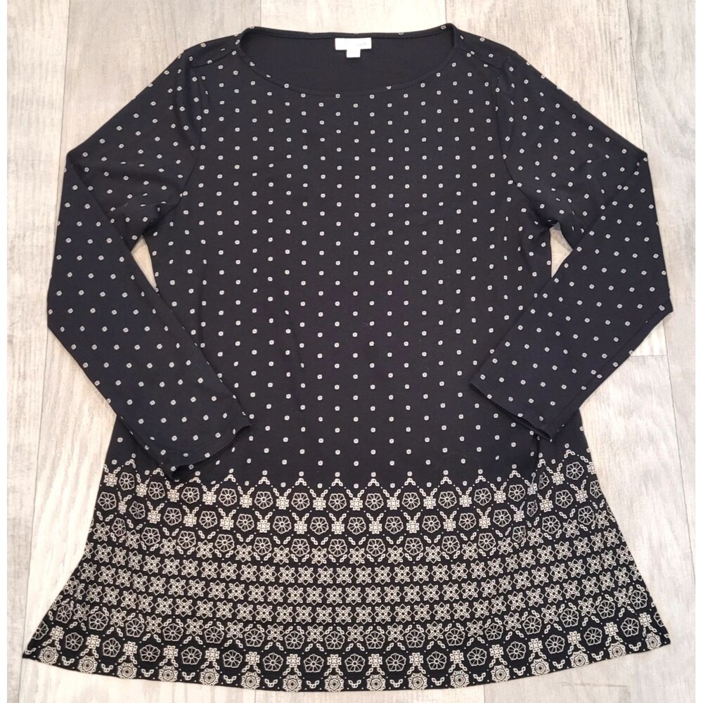J.Jill Sz L Black Geometric Floral Long Sleeve Tunic Top Pullover Career Casual